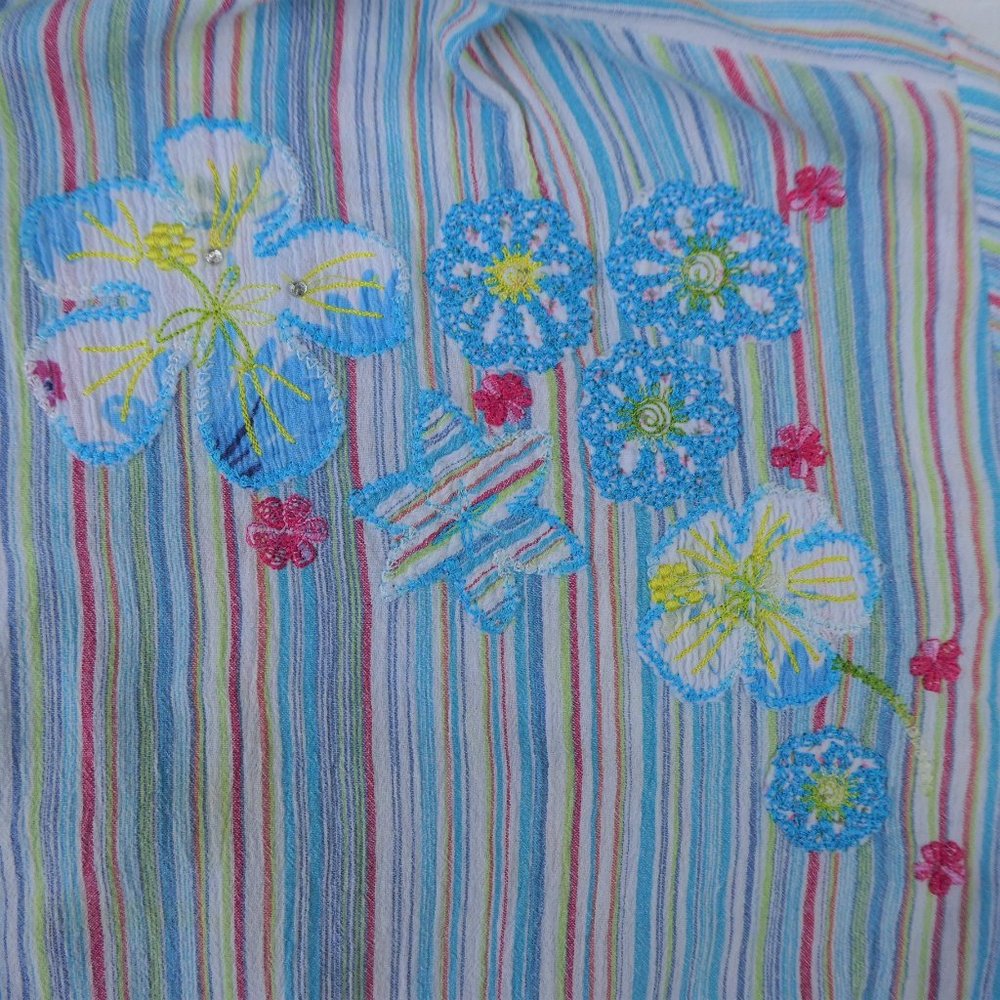 Liz & Me Liz Claiborne Shirt Gauze Rainbow Stripes Floral Embroidery 1X Plus - Picture 4 of 10